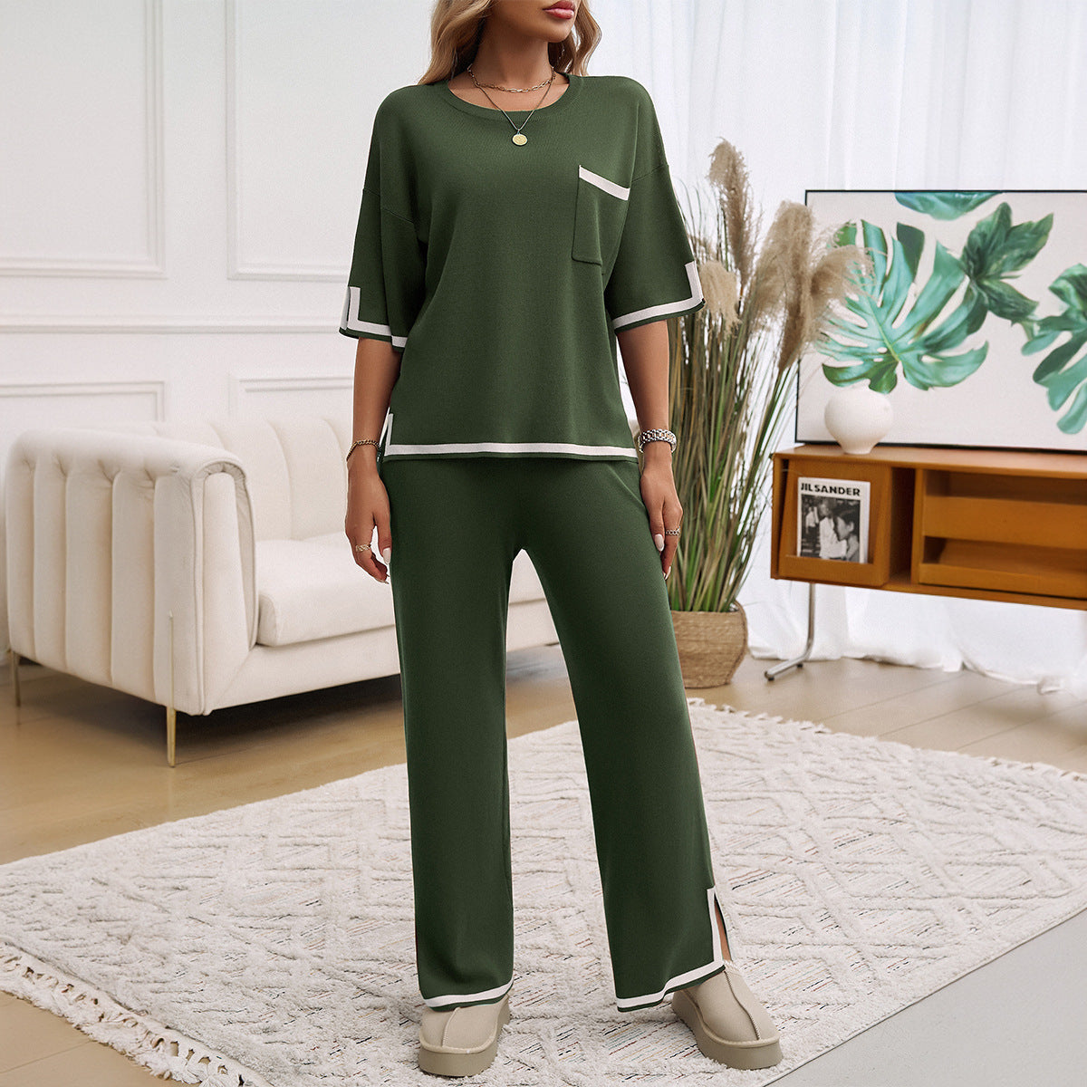 Dam Lounge Set – Stickat Tyg – Avslappnad Passform – Vida Byxor – Kontrastkant