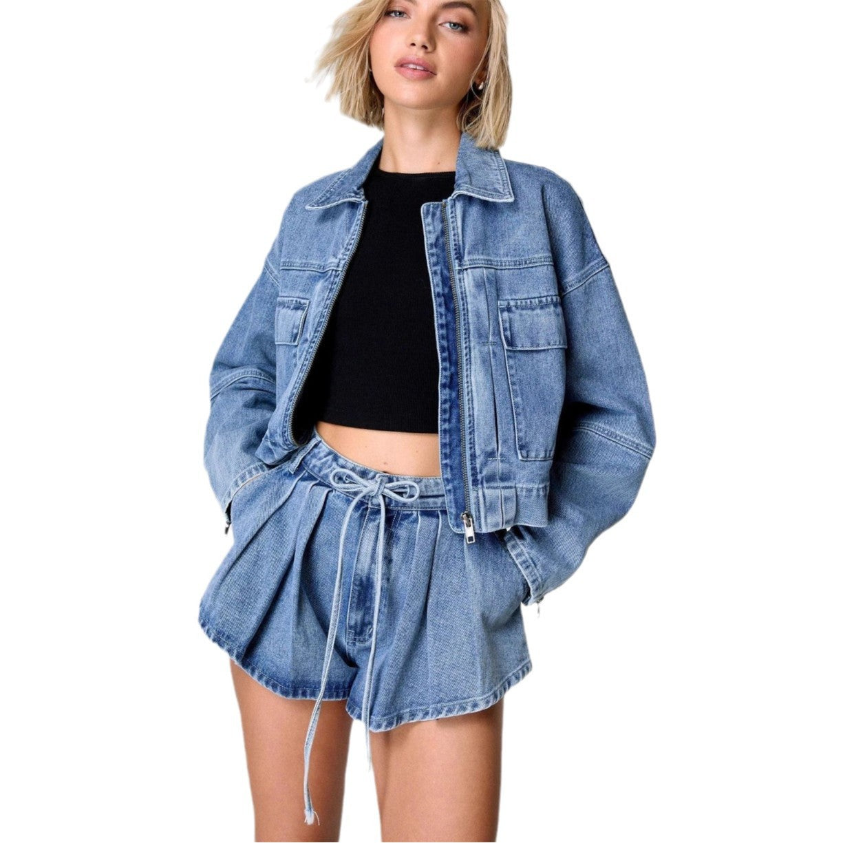 Dam Denimjacka – Oversized Passform – Kortad Längd – Dragkedja – Fickor