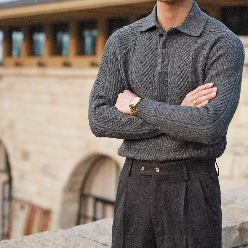 Herrtröja – Slim Fit – Kabelstickad – Mjuk Varm Stretch – Polokrage
