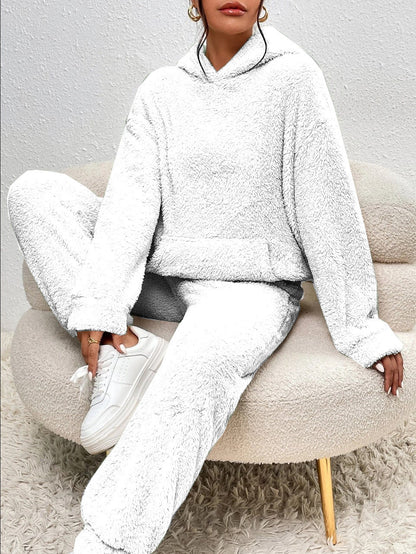 Dam Two-Piece Set – Mjuk Plysch – Avslappnad Passform – Huvtröja och Vida Byxor