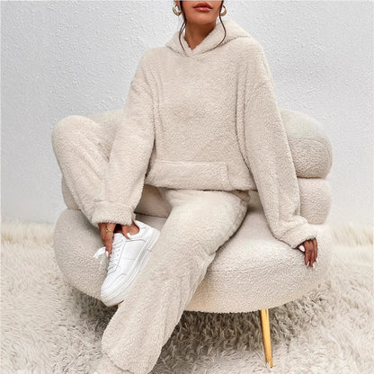 Dam Two-Piece Set – Mjuk Plysch – Avslappnad Passform – Huvtröja och Vida Byxor