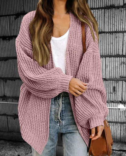 Dam Cardigan – Chunky Stickning – Oversized Passform – Öppen Front – Ribbstickad