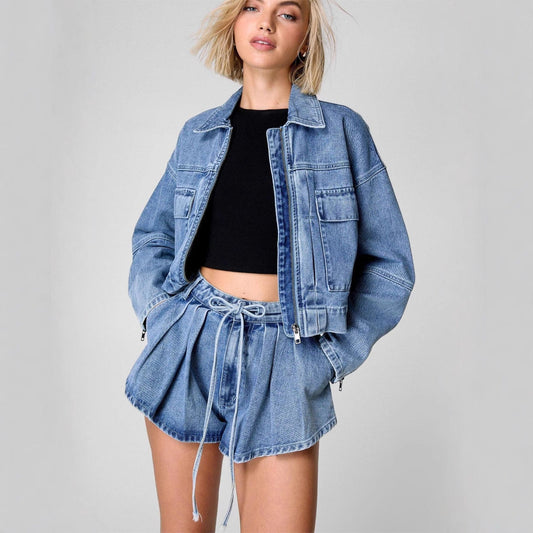 Dam Denimjacka – Oversized Passform – Kortad Längd – Dragkedja – Fickor