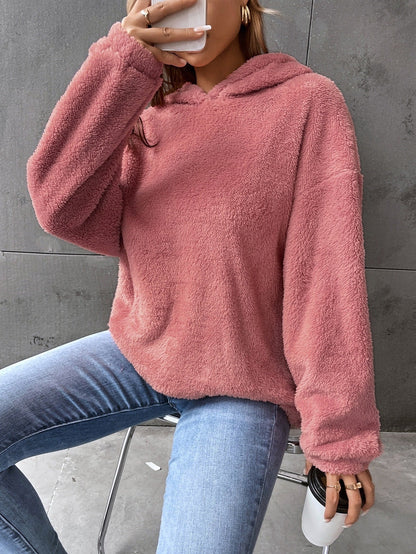 Dam huvtröja – fleece – avslappnad passform – cropped – långa ärmar