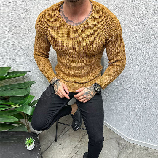 Herrtröja – Slim Fit – Grovstickad Ullblandning – Rund Hals – Långärmad Casual
