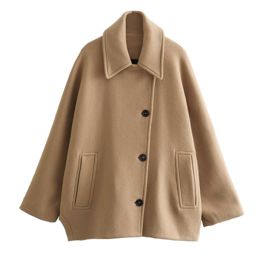 Dam Ulljacka – Oversized Passform – Knappar – Bred Krage – Avslappnad Stil