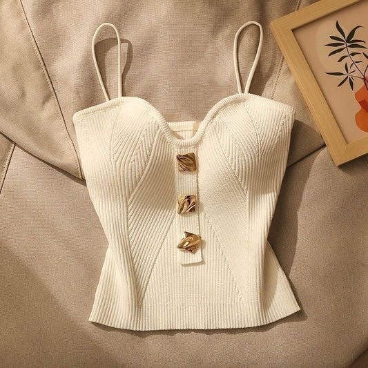 Dam Crop Camisole – Smal Passform – Ribbstickad – Spagettiband – Gulddetaljer