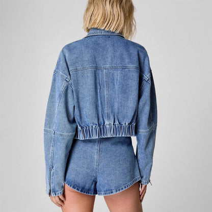 Dam Denimjacka – Oversized Passform – Kortad Längd – Dragkedja – Fickor
