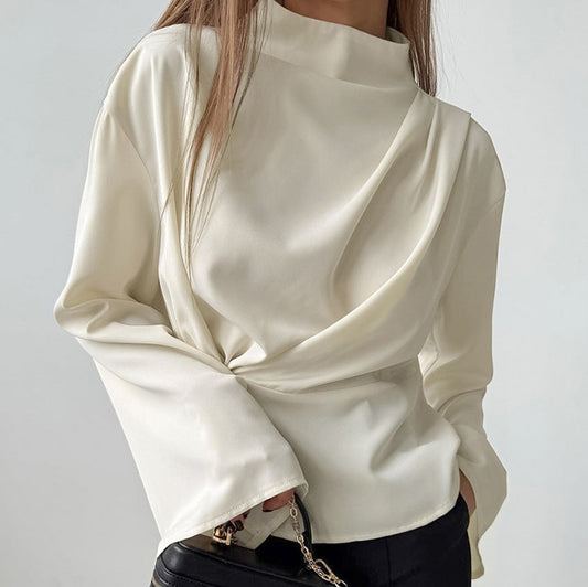Damblus – Chiffong – Elegant Draperad Passform – Hög Hals – Långa Ärmar