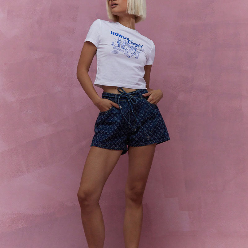 Dam Denimshorts – Hög Midja – Avslappnad Passform – Snörning – Mönstrad – Fickor