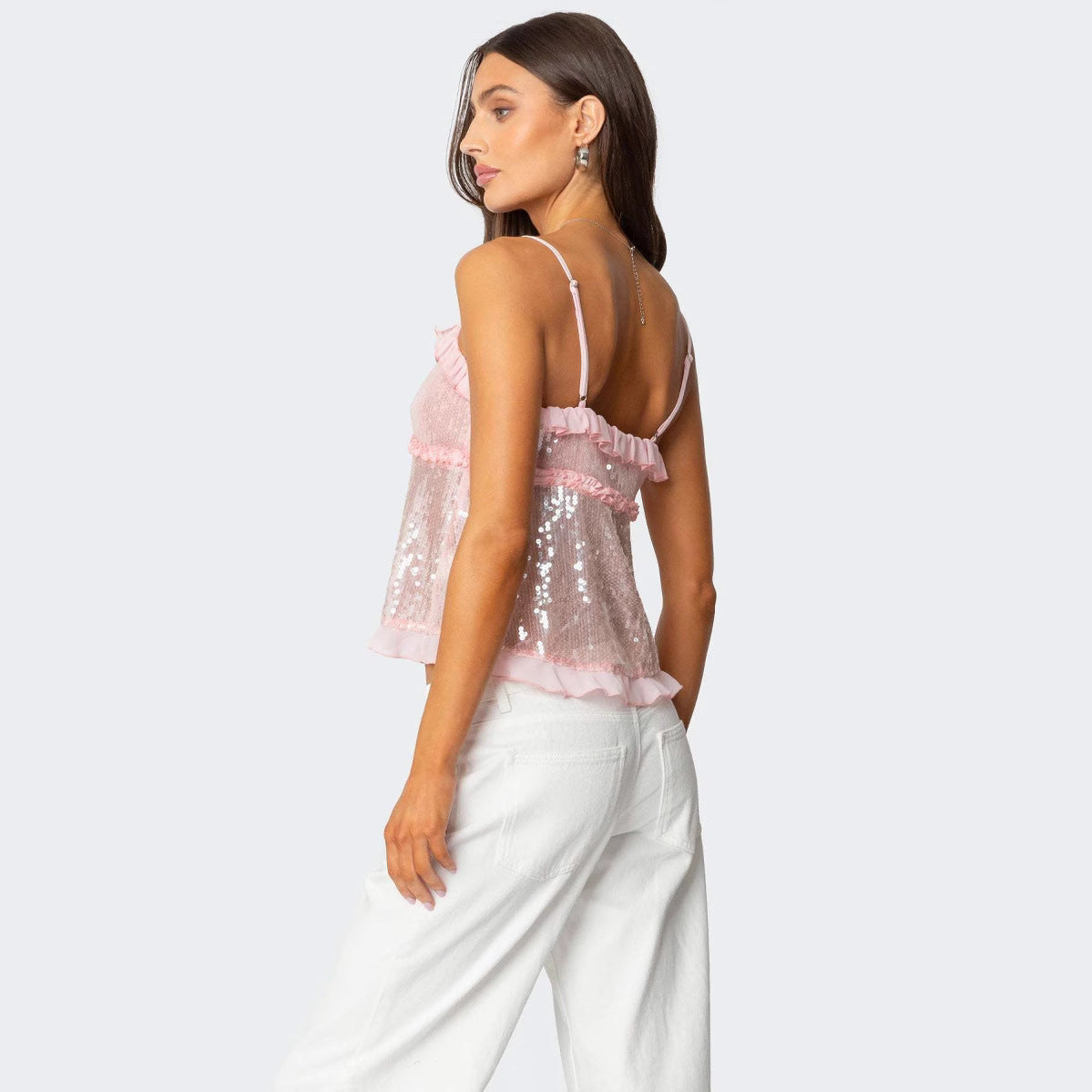 Dam Crop Top – Paljettyg – Smal Passform – Halterneck – Volangkant – Rosettdetalj