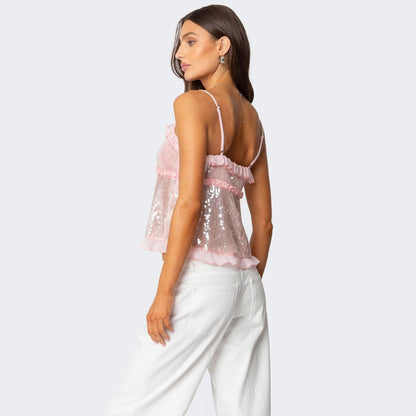 Dam Crop Top – Paljettyg – Smal Passform – Halterneck – Volangkant – Rosettdetalj
