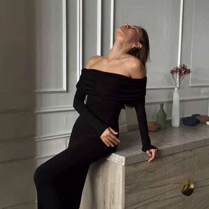 Dam maxi klänning – Figurnära passform – Off shoulder – Långa ärmar – Elegant stil