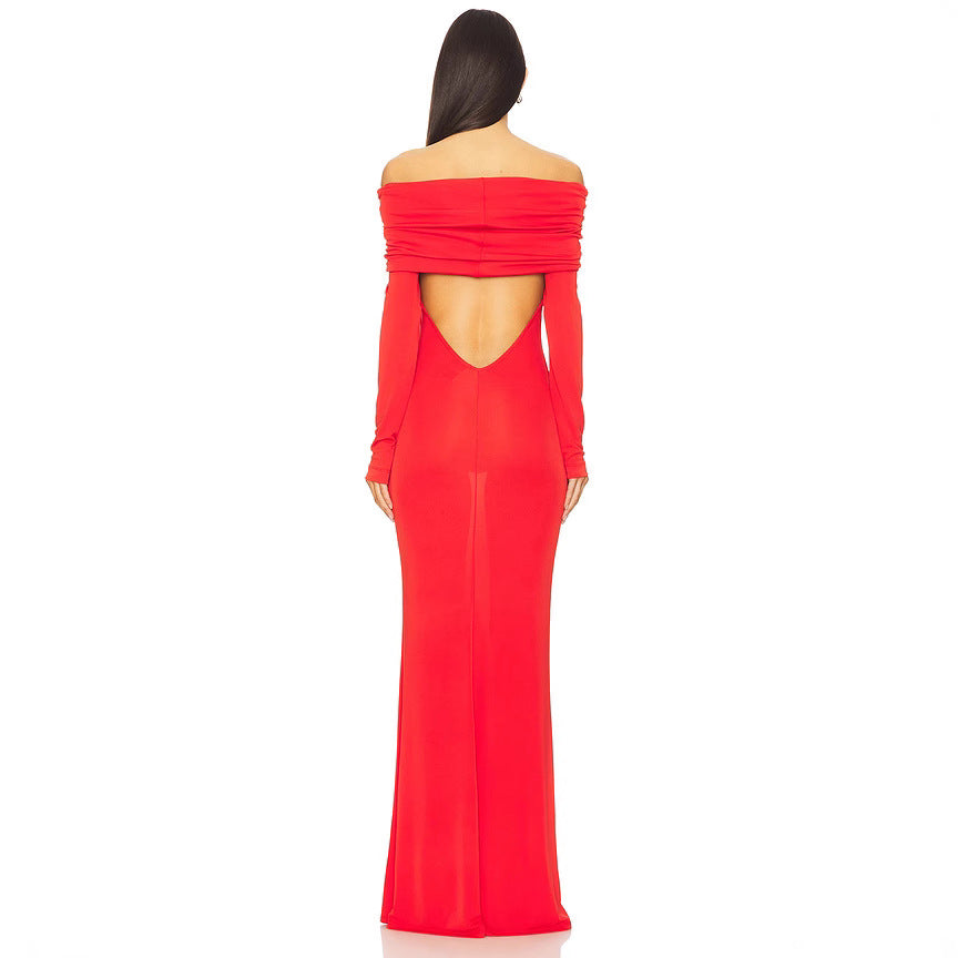 Kjole til dame – Slim fit – Off shoulder – Drapert utringning – Full lengde – Satengfinish