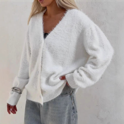 Dam Cardigan – Oversized Passform – Mjuk Stickning – Knappar – V-ringad Komfort