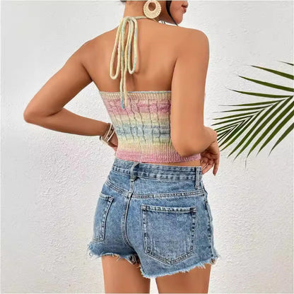 Dam Crop Top – Slim Fit Stickad – Kabelstickat Mönster – Ribbad Kant Casual Användning