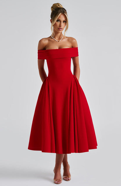 Kjole til dame – Off-Shoulder – A-linje passform – Midi lengde – Formell eleganse