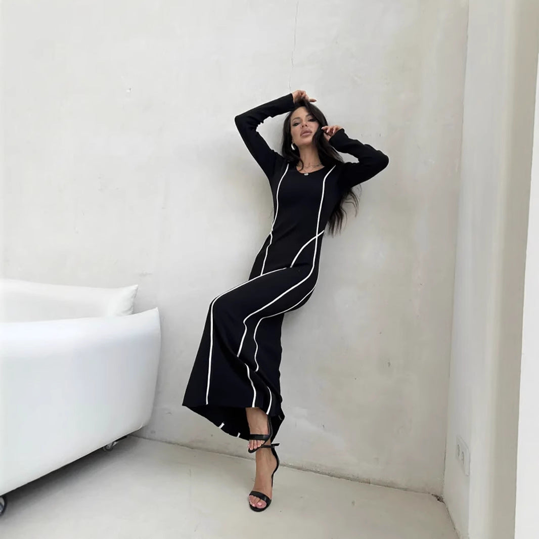 Kjole til dame – Tettsittende bodycon – Ankellang – Scoop-hals – Kontrastdetaljer