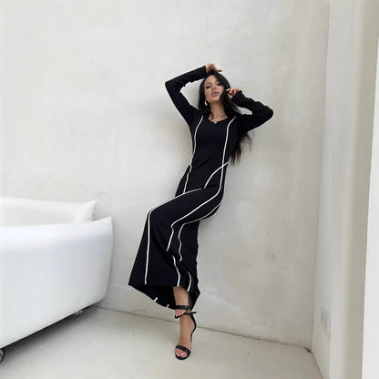Kjole til dame – Tettsittende bodycon – Ankellang – Scoop-hals – Kontrastdetaljer
