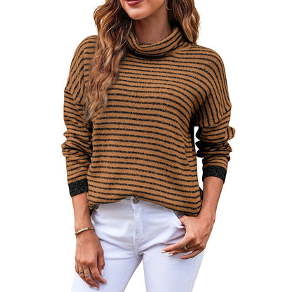 Dam Turtleneck Tröja – Ullblandning – Avslappnad Passform – Randig – Ribbstickad