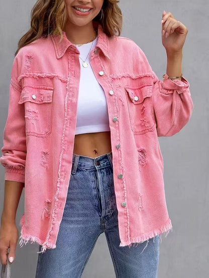 Dam Denimjacka – Oversized Passform – Medellängd – Sliten och Fransig Design