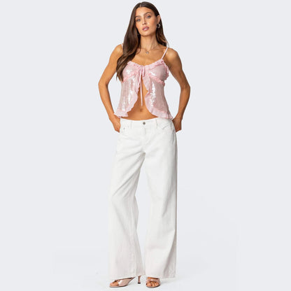 Dam Crop Top – Paljettyg – Smal Passform – Halterneck – Volangkant – Rosettdetalj