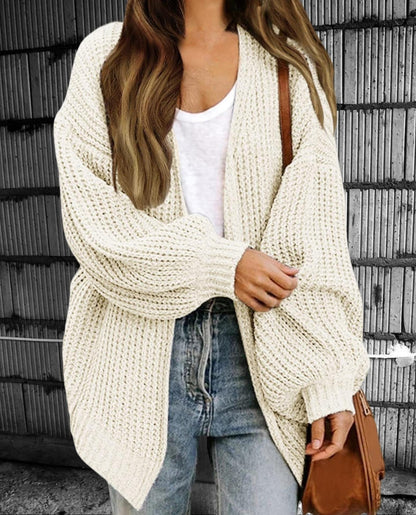 Dam Cardigan – Chunky Stickning – Oversized Passform – Öppen Front – Ribbstickad