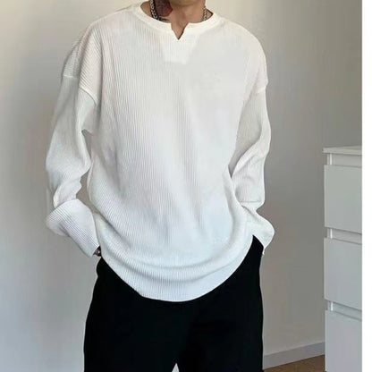 Herr Långärmad T-shirt – Ribbstickad – Avslappnad Passform – V-ringad Basplagg
