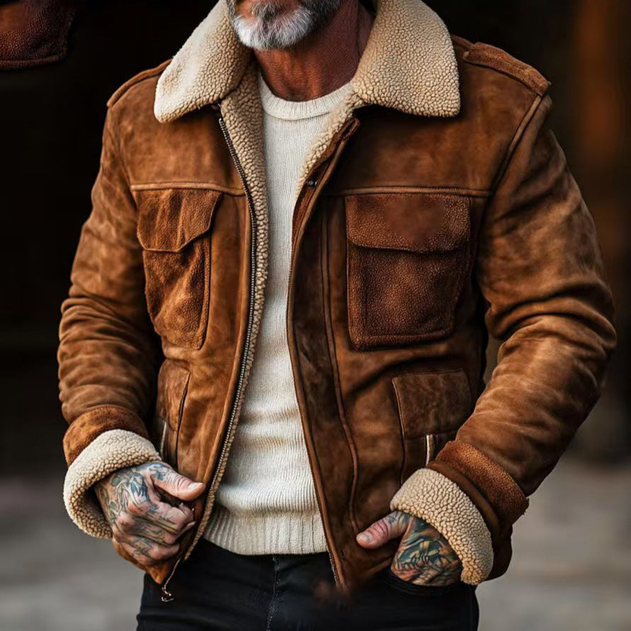 Herr Shearling-jacka – Mocka Finish – Strukturerad Passform – Flikfickor