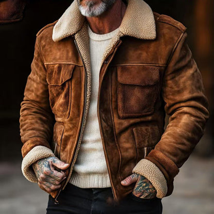 Herr Shearling-jacka – Mocka Finish – Strukturerad Passform – Flikfickor