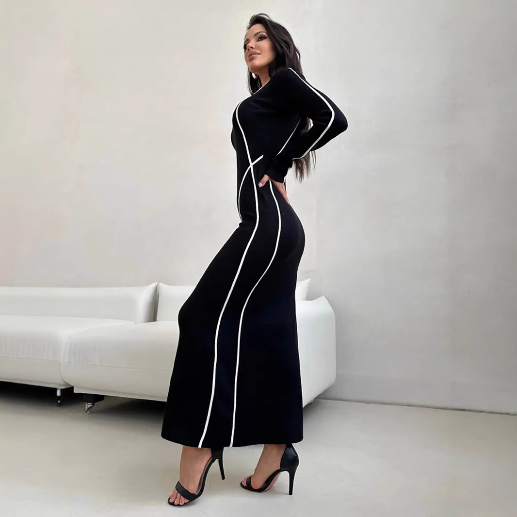 Kjole til dame – Tettsittende bodycon – Ankellang – Scoop-hals – Kontrastdetaljer
