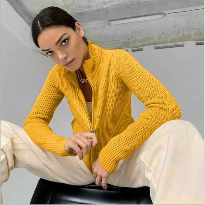 Dam Cardigan – Smal Passform Stickad – Hög Krage – Dragkedja – Långa Ärmar