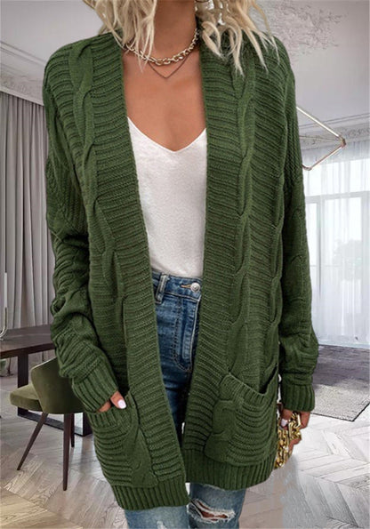 Dam Cardigan – Oversized Passform – Tjock Stickning – Öppen Front – Fickor – Ullblandning