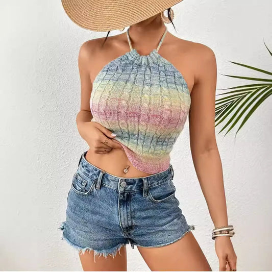 Dam Crop Top – Slim Fit Stickad – Kabelstickat Mönster – Ribbad Kant Casual Användning