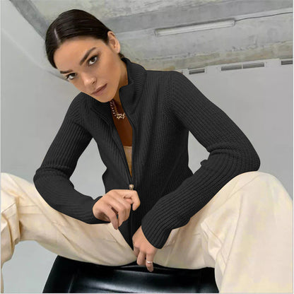 Dam Cardigan – Smal Passform Stickad – Hög Krage – Dragkedja – Långa Ärmar