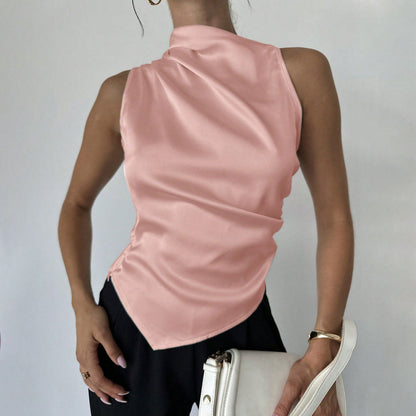 Dam Blus Ärmlös – Smal Passform – Glansigt Tyg – Hög Hals – Draperad Front