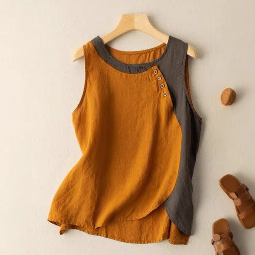 Dam Ärmlös Topp – 100% Bomull – Avslappnad Passform – Asymmetrisk Design – Knappdetalj