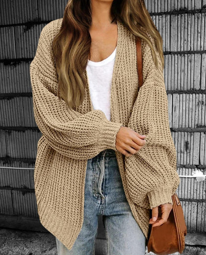 Dam Cardigan – Chunky Stickning – Oversized Passform – Öppen Front – Ribbstickad
