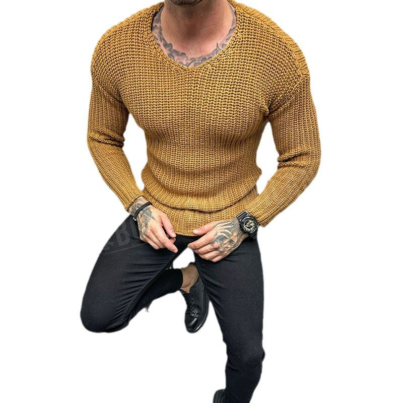 Herrtröja – Slim Fit – Grovstickad Ullblandning – Rund Hals – Långärmad Casual