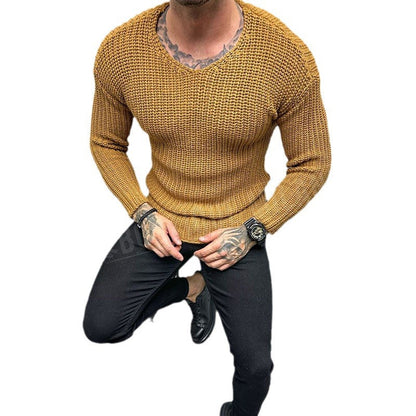 Herrtröja – Slim Fit – Grovstickad Ullblandning – Rund Hals – Långärmad Casual