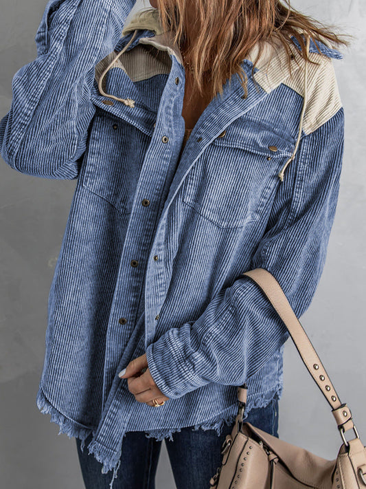 Damjacka med huva – Manchestertyg – Oversized passform – Knappar – Fransig kant