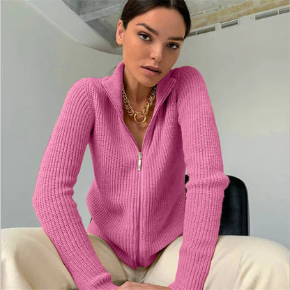 Dam Cardigan – Smal Passform Stickad – Hög Krage – Dragkedja – Långa Ärmar