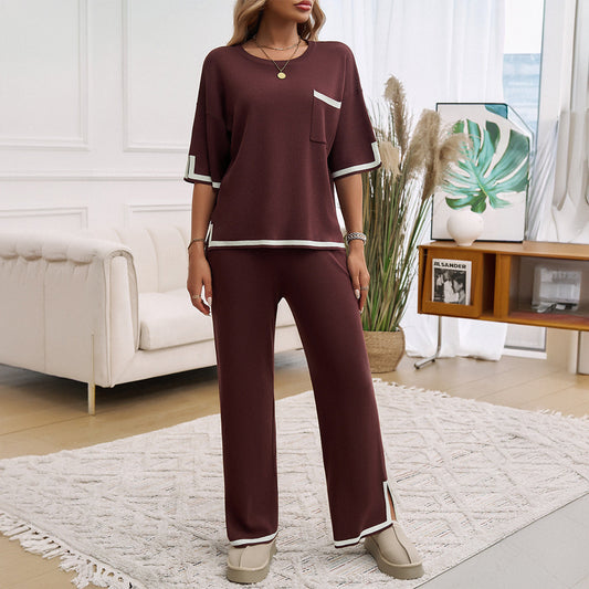 Dam Lounge Set – Stickat Tyg – Avslappnad Passform – Vida Byxor – Kontrastkant