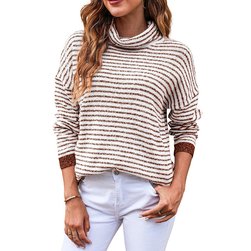 Dam Turtleneck Tröja – Ullblandning – Avslappnad Passform – Randig – Ribbstickad