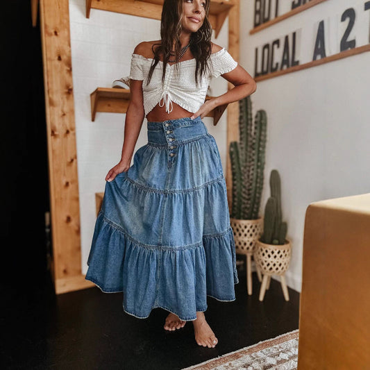Dam Denimkjol – A-linje Passform – Midilängd – Knappar – Boho Lager-på-lager