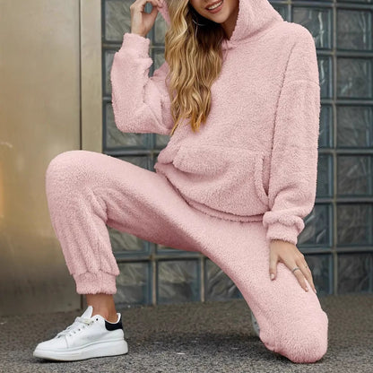 Dam Two-Piece Set – Mjuk Plysch – Avslappnad Passform – Huvtröja och Vida Byxor