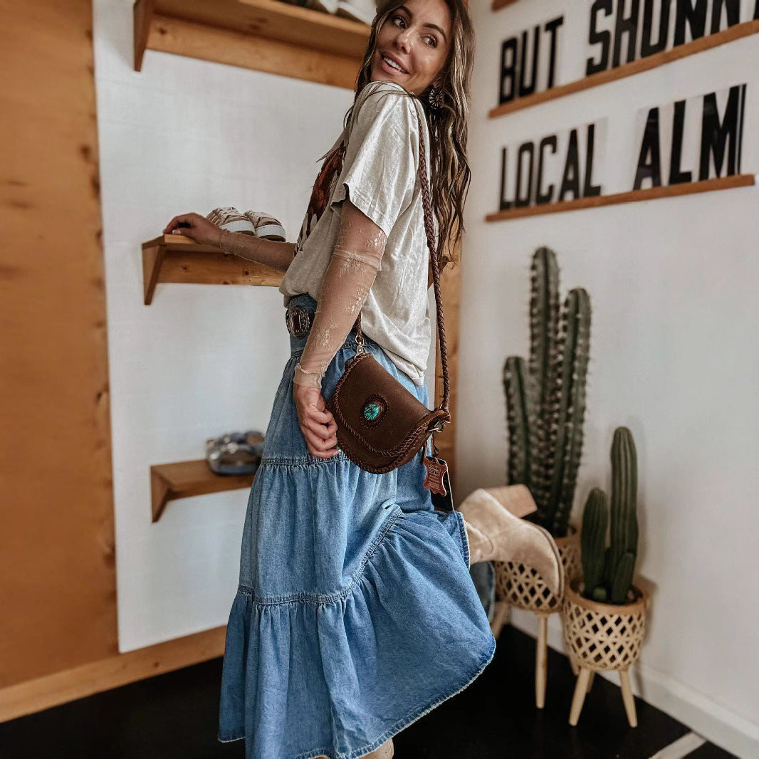 Dam Denimkjol – A-linje Passform – Midilängd – Knappar – Boho Lager-på-lager