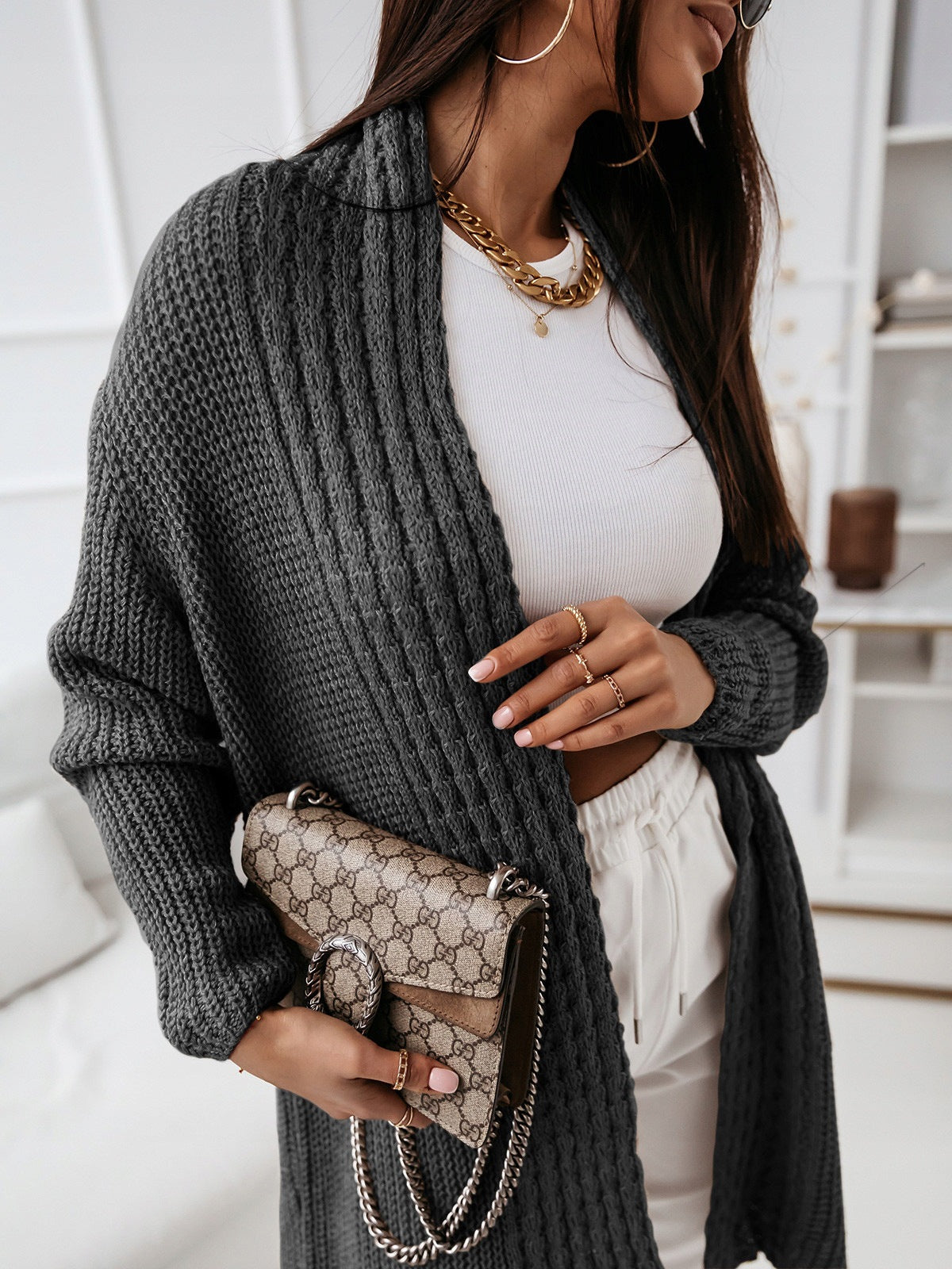 Dam Cardigan – Ullstickad – Avslappnad Passform – Öppen Front – Ribbad Struktur