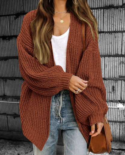 Dam Cardigan – Chunky Stickning – Oversized Passform – Öppen Front – Ribbstickad