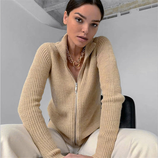 Dam Cardigan – Smal Passform Stickad – Hög Krage – Dragkedja – Långa Ärmar